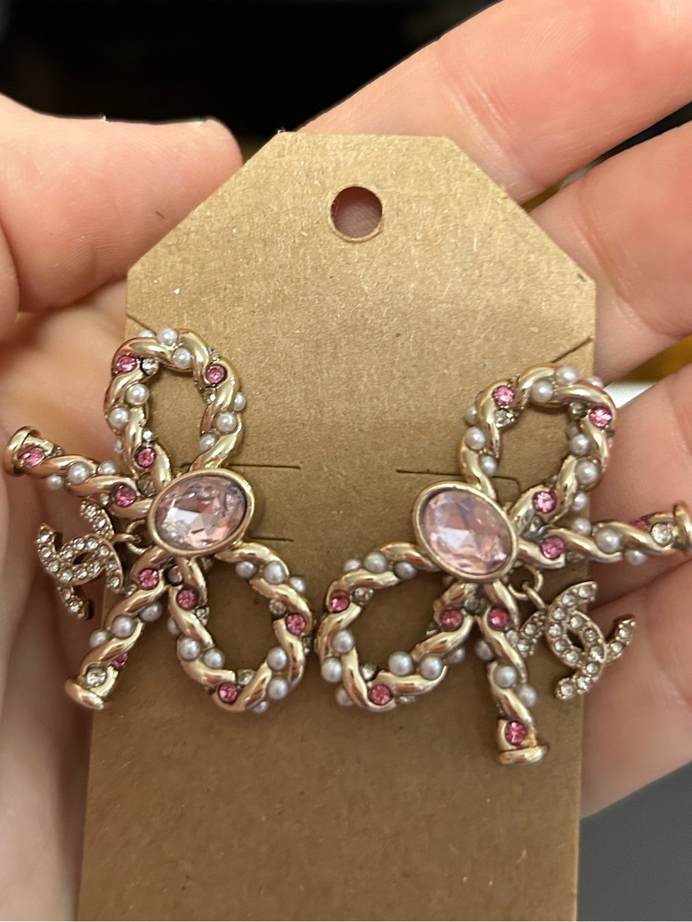 Gold-Tone Pink Crystal Ribbon Bow Earrings with Pearl Accents